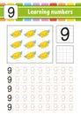 Number 9. Trace and write. Handwriting practice. Learning numbers for kids. Education developing worksheet. Activity page. Game