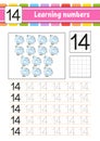 Number 14. Trace and write. Handwriting practice. Learning numbers for kids. Education developing worksheet. Activity page. Game