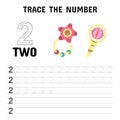 Number 2 Tracing Worksheet with Baby Rattles. Royalty Free Stock Photo