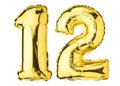Number Twelve 12 balloons. Helium balloon. 12 years. Golden Yellow foil color. Birthday party, greeting card, Sale, Advertising, A