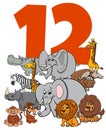 Number twelve for kids with cartoon animals group