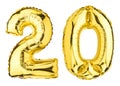 Number Twenty 20 balloons. Helium balloon. 20 years. Golden Yellow foil color. Party, Birthday greeting card, Sale, Advertising, A