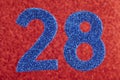 Number twenty-eight blue color over a red background. Anniversary. Horizontal