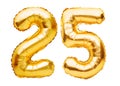 Number 25 twenty five made of golden inflatable balloons isolated on white. Helium balloons, gold foil numbers. Party decoration, Royalty Free Stock Photo