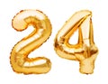 Number 24 twenty four made of golden inflatable balloons isolated on white. Helium balloons, gold foil numbers. Party decoration, Royalty Free Stock Photo