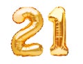 Number 21 twenty one made of golden inflatable balloons isolated on white. Helium balloons, gold foil numbers. Party decoration, Royalty Free Stock Photo