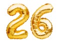 Number 26 twenty six made of golden inflatable balloons isolated on white. Helium balloons, gold foil numbers. Party decoration, Royalty Free Stock Photo