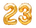 Number 23 twenty three made of golden inflatable balloons isolated on white. Helium balloons, gold foil numbers. Party decoration Royalty Free Stock Photo