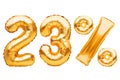 Number 23 twenty three and percent sign made of golden helium inflatable balloons isolated on white. Gold foil numbers Royalty Free Stock Photo