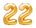 Number 22 twenty two made of golden inflatable balloons isolated on white. Helium balloons, gold foil numbers. Party decoration, Royalty Free Stock Photo