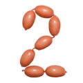 Number 2 two arranged from sausage isolated on white background with clipping path Royalty Free Stock Photo