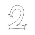 Number two. Continuous style. Vector illustration isolated on white. Single line art.
