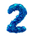 Number two 2 made of broken plastic blue color isolated white background