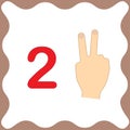 Number 2 two, educational card, learning counting with fingers