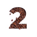 Number two made of coffee beans and paper cut in shape of second numeral isolated on white. Typeface for coffee store Royalty Free Stock Photo