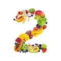 Number two made of different fruits and berries, fruit alphabet isolated on white background Royalty Free Stock Photo