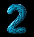 Number 2 two made of low poly style blue color plastic isolated on black background. 3d