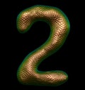 Number 2 two made of natural gold snake skin texture isolated on black Royalty Free Stock Photo