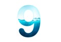 Number 9 of water alphabet, aqua concept fresh water a to z, 1 to 0
