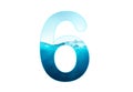 Number 6 of water alphabet, aqua concept fresh water a to z, 1 to 0