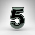 Number 5 on white background. Green chrome 3D number with glossy surface