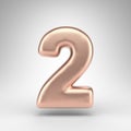 Number 2 on white background. Matte copper 3D number with shiny metallic texture