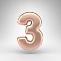 Number 3 on white background. Matte copper 3D number with shiny metallic texture