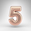 Number 5 on white background. Matte copper 3D number with shiny metallic texture