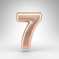 Number 7 on white background. Matte copper 3D number with shiny metallic texture