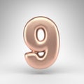 Number 9 on white background. Matte copper 3D number with shiny metallic texture