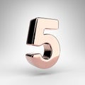 Number 5 on white background. Rose gold 3D number with gloss chrome surface