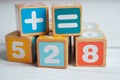 Number wood block cubes for learning Mathematic, education math concept Royalty Free Stock Photo