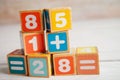 Number wood block cubes for learning Mathematic, education math concept Royalty Free Stock Photo