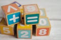 Number wood block cubes for learning Mathematic, education math concept Royalty Free Stock Photo