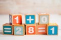 Number wood block cubes for learning Mathematic, education math concept Royalty Free Stock Photo