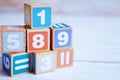 Number wood block cubes for learning Mathematic, education math concept Royalty Free Stock Photo
