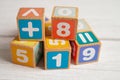 Number wood block cubes for learning Mathematic, education math concept Royalty Free Stock Photo