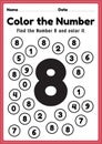 Number worksheets for kindergarten, number 8 coloring math activities for preschool kids to learn basic mathematics skills in a