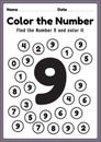 Number worksheets for preschool, number 9 coloring math activities for kindergarten kids to learn basic mathematics skills