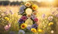 Number 8 wreath made of colorful flowers on a blooming meadow in sunrise soft light. Conceptual background for the International Royalty Free Stock Photo
