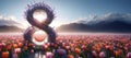 Number 8 wreath made colorful flowers on blooming meadow in sunrise soft light. Conceptual Royalty Free Stock Photo