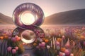 Number 8 wreath made colorful flowers on blooming meadow in sunrise soft light. Conceptual Royalty Free Stock Photo