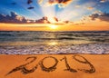 Number 2019 written on seashore sand at sunrise.