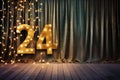 AI generated. Number 2024 year hanging on christmas beautiful stage curtain with festive lights of glowing garland