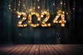 AI generated. Number 2024 year hanging on christmas beautiful stage curtain with festive lights of glowing garland