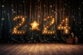 AI generated. Number 2024 year hanging on christmas beautiful stage curtain with festive lights of glowing garland