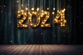 AI generated. Number 2024 year hanging on christmas beautiful stage curtain with festive lights of glowing garland
