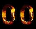 The number zero, 0 made from fire and burning wood on a black background, a double version of the alphabet for decorative Royalty Free Stock Photo