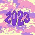 2023 numbers on abstract trippy background. New Year 2023 lettering vibrant poster. Vector illustration in trendy psychedelic Royalty Free Stock Photo