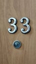 numbers 33 address on a white exterior apartment door, symbol objects, sky